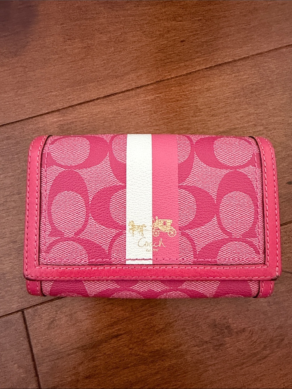 Coach Pink Signature Stripe Compact Wallet